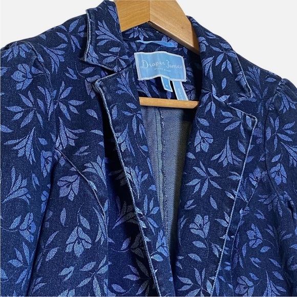 Women's Denim Blazer Floral Print Gold Button 4 Preppy Office Southern Charm - Picture 3 of 6